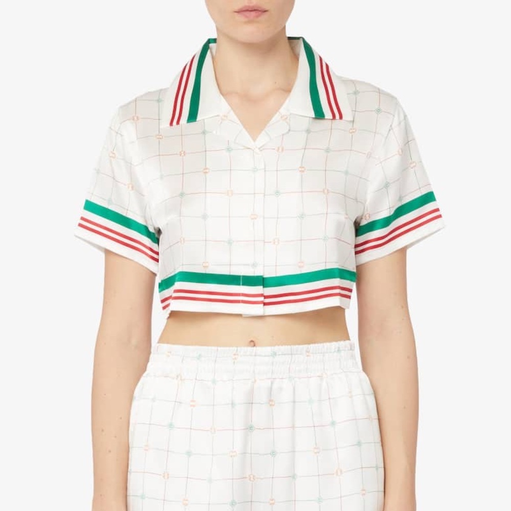 Casablanca Tennis Check Cropped Silk Shirt Cuban Collar Top Fr 34 XS US 2